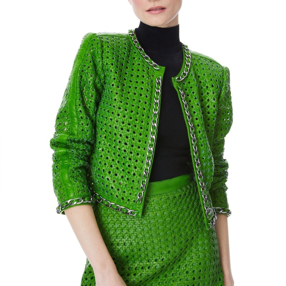 NWT New Alice + Olivia BRIXTON LEATHER CROPPED‎ JACKET Green Leather